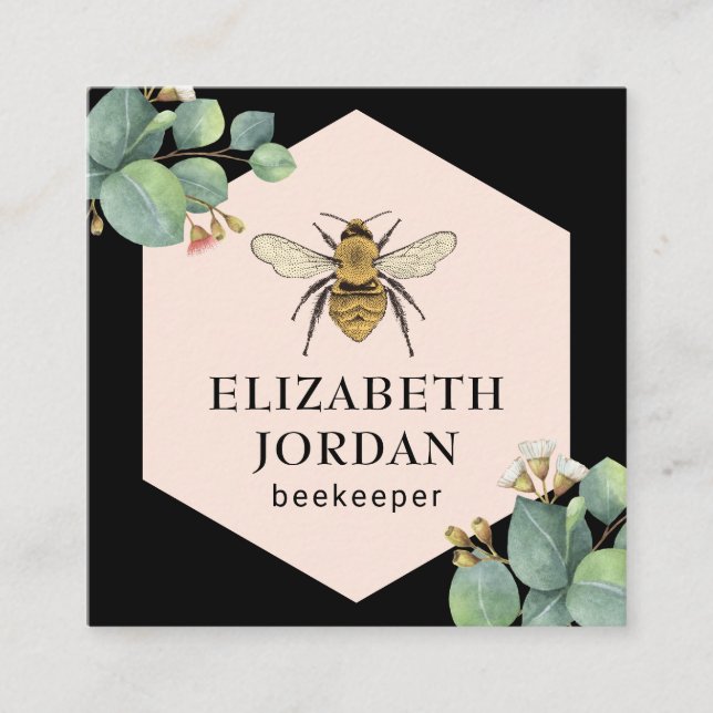 Honey Bee Farm Beekeeper Elegant Foliage Apiary Square Business Card (Front)