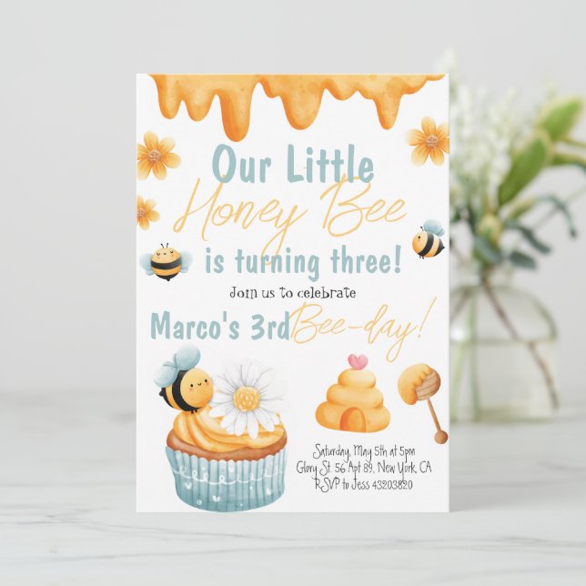 Honey Bee First Bee-day Boy Birthday Invitation (Standing Front)