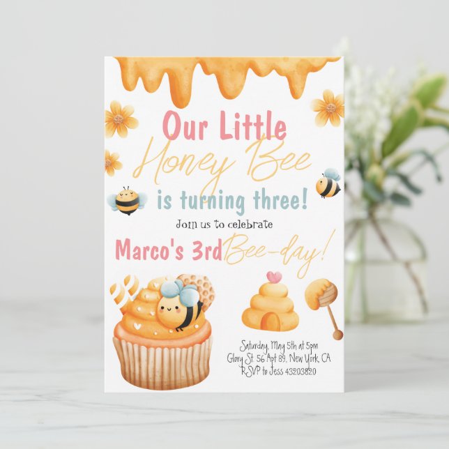 Honey Bee First Bee-day Girl Birthday Invitation (Standing Front)