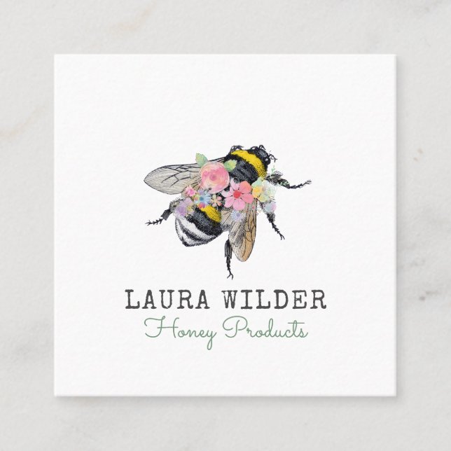 Honey Bee Floral Square Business Card (Front)