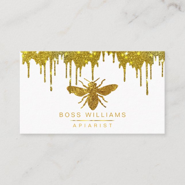 Honey Bee Gold Glitter Faux Apiarist Farm Business Card (Front)