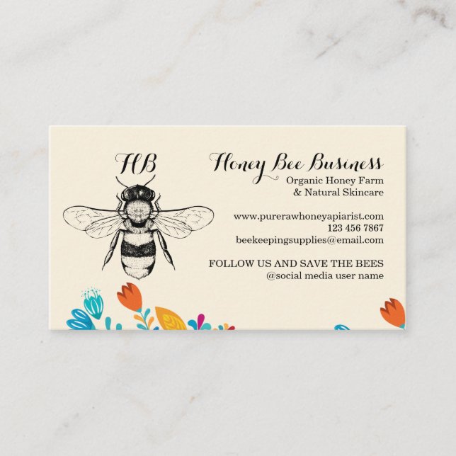 Honey Bee Hand drawn Flower Business Card (Front)