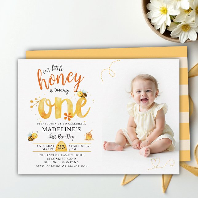 Honey Bee Heart Whimsical Cute Photo 1st Birthday Invitation (little honey bee one first birthday photo invitation wildflowers watercolor summer whimsical heart)