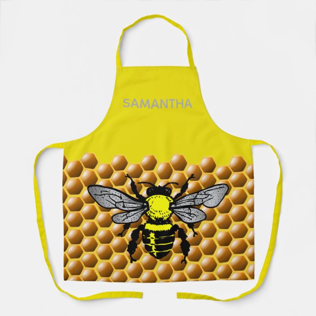 Honey Bee Hive Pattern Cute Insect Apiary Name Apron (Front)