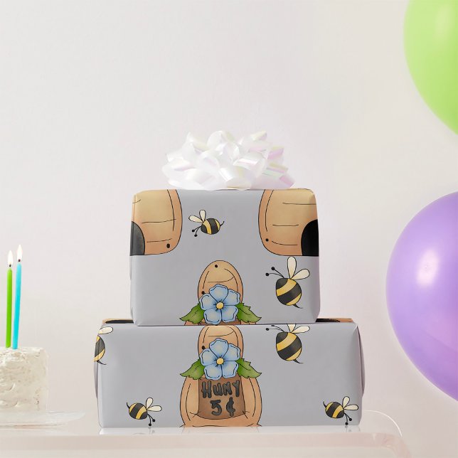 Honey Bee Hive with Blue Flower and Bees Wrapping Paper (Creator Uploaded)