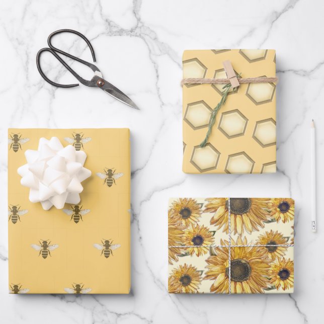 Honey Bee Honeycomb Sunflower Beekeeper Gift Wrap  (Front)