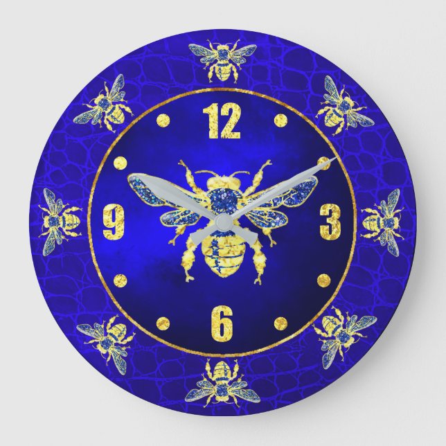 Honey Bee in Gold and Blue Large Clock (Front)