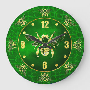 Honey Bee in Gold and Green Large Clock