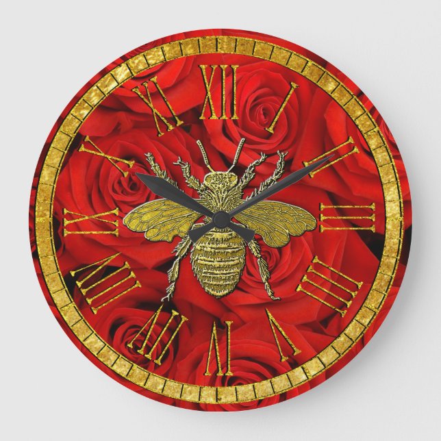 Honey Bee in Gold and Red Roses Large Clock (Front)