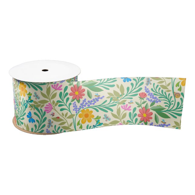 Honey Bee, Ladybug, Butterfly, Dragonfly & Flowers Satin Ribbon (Spool)