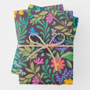 Honey Bee, Ladybug, Butterfly, Dragonfly & Flowers Wrapping Paper Sheet