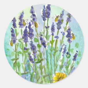 Honey Bee Lavender Herb Watercolor Flowers Classic Round Sticker