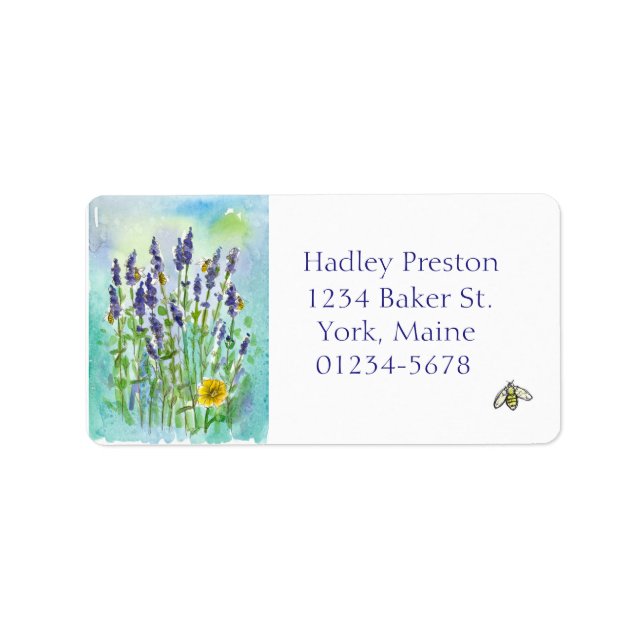 Honey Bee Lavender Watercolor Flowers Label (Front)