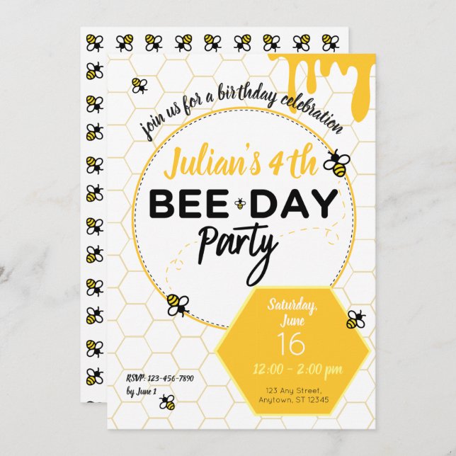 Honey Bee, Little Bee, Bee-Day Birthday Party Invitation (Front/Back)