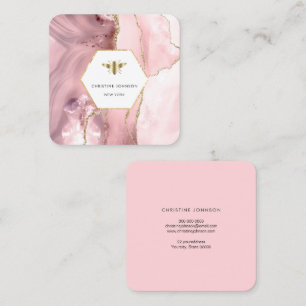 honey bee logo on pink agate square business card