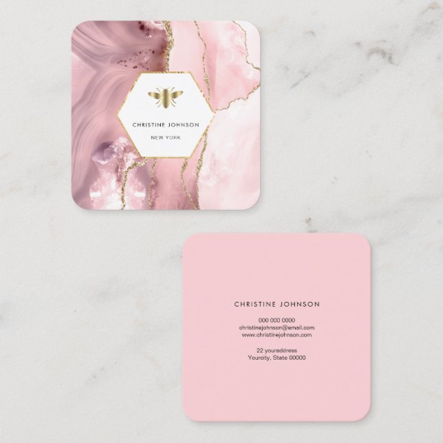 honey bee logo on pink agate square business card (Front/Back)