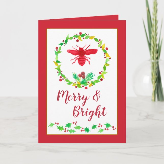 Honey Bee Merry And Bright Christmas Card (Front)