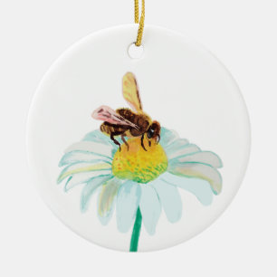 Honey Bee on a White Flower Ceramic Tree Decoration