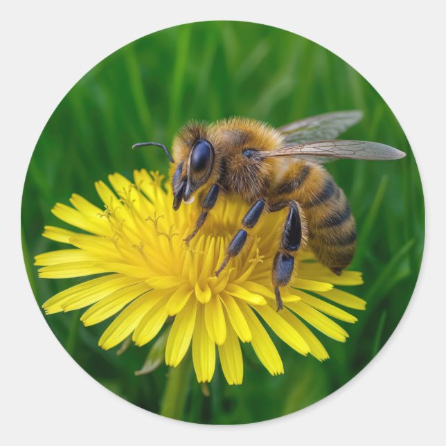 Honey Bee On a Yellow Dandelion Classic Round Sticker (Front)