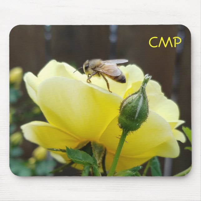 Honey Bee on a Yellow Rose your Initials Mouse Mat (Front)