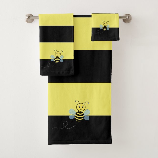 Honey Bee on Black and Yellow Striped Bath Towel Set (Insitu)