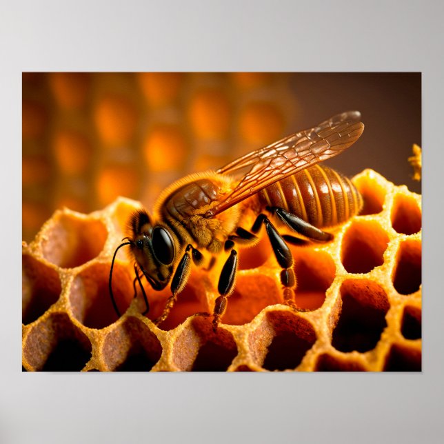 Honey bee on honeycombs. Close-up view Poster (Front)