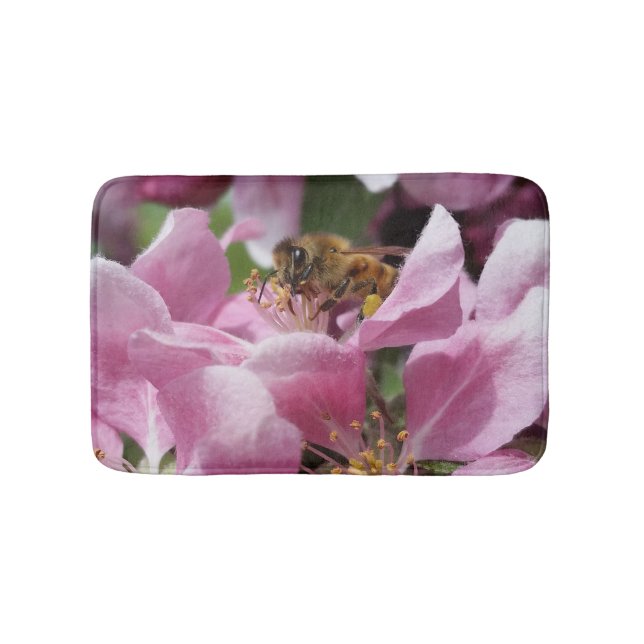 Honey Bee on  Pink Crabapple blossom Bath Mat (Front)