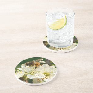Honey Bee on Plum Blossom Sandstone Coaster