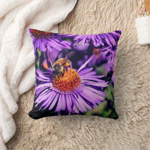 Honey Bee On Purple Aster Flower  Cushion