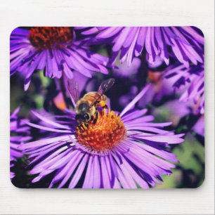 Honey Bee On Purple Aster Flower Mouse Mat