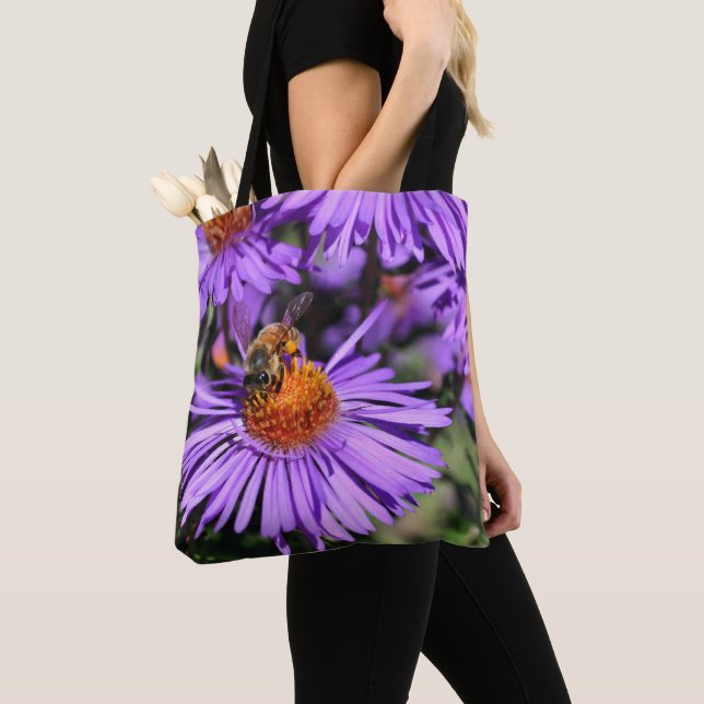 Honey Bee On Purple Aster Flower Nature Tote Bag (Close Up)