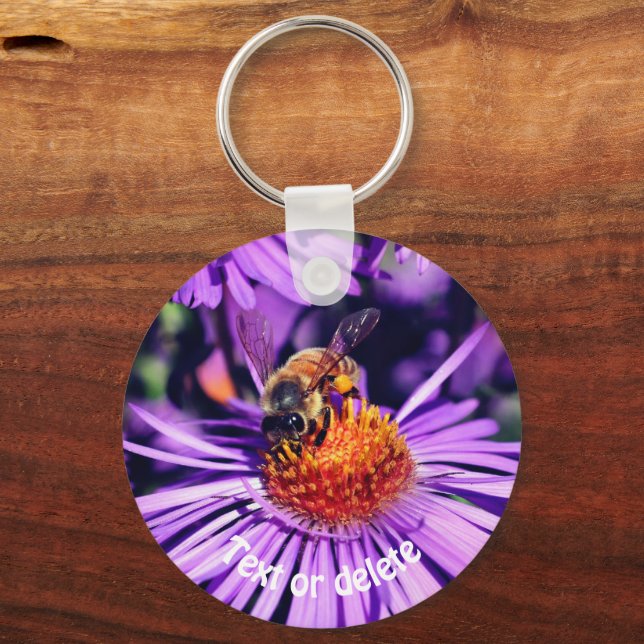 Honey Bee On Purple Aster Flower Personalised Key Ring (Front)
