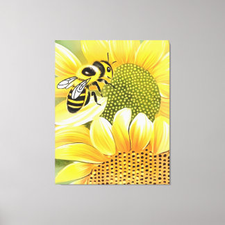 Honey Bee On Sunflower Cute Naive Art Canvas Print