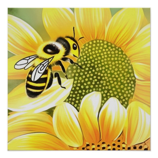 Honey Bee On Sunflower Cute Naive Art Poster (Front)