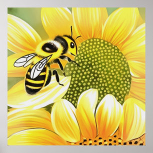 Honey Bee On Sunflower Cute Naive Art Poster