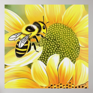 Honey Bee On Sunflower Cute Naive Art Poster