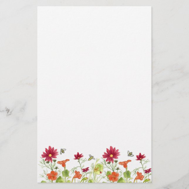 Honey Bee Orange Nasturtium Red Flowers Stationery (Front)