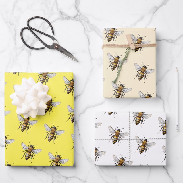 Honey Bee Pattern Yellow White Beige Wrapping Paper Sheet (Front)