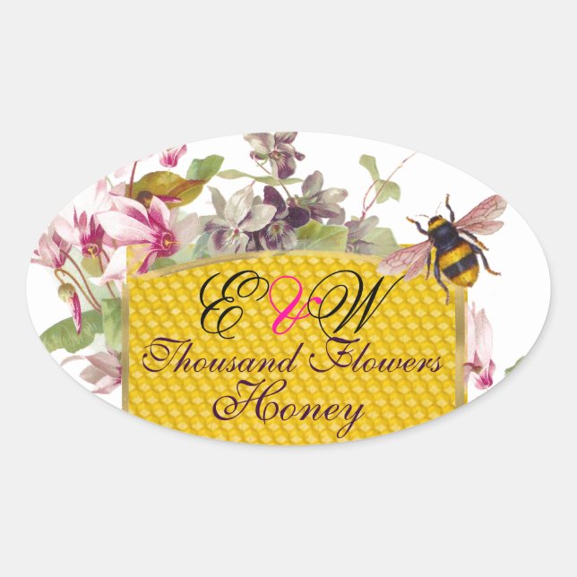 HONEY BEE,PINK CYCLAMEN FLOWERS BEEKEEPER MONOGRAM OVAL STICKER (Front)