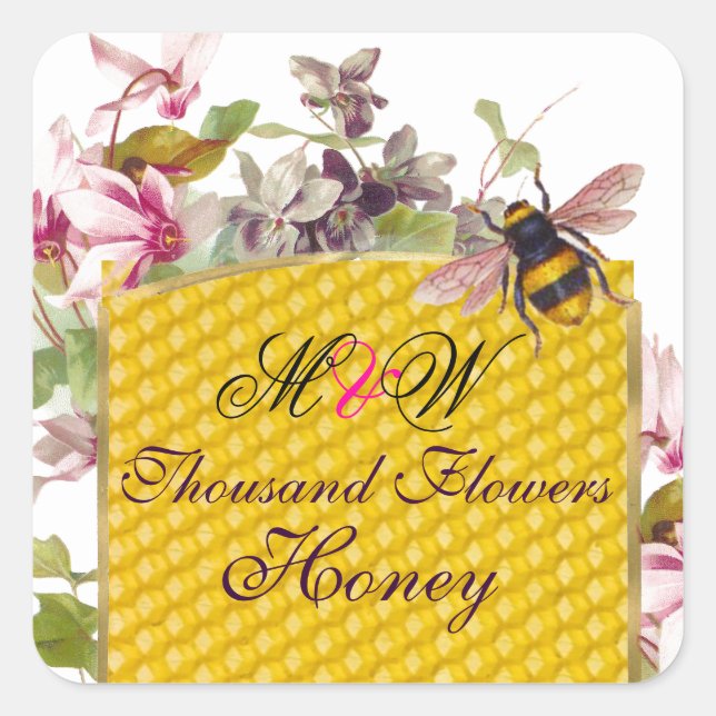 HONEY BEE,PINK CYCLAMEN FLOWERS BEEKEEPER MONOGRAM SQUARE STICKER (Front)