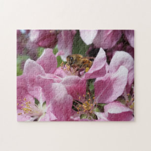 Honey Bee Pollinating Pink Crabapple Tree Blossom Jigsaw Puzzle