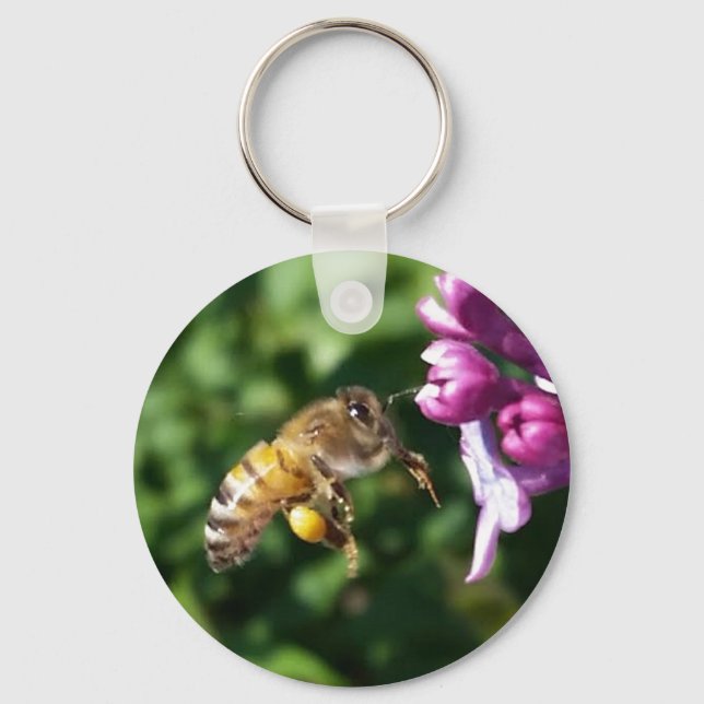 Honey Bee Pollinating Purple Lilacs Key Ring (Front)