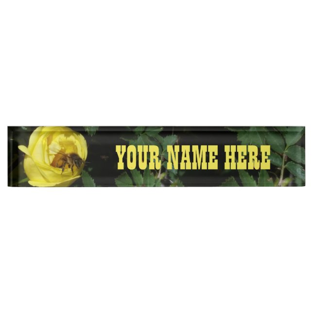 Honey Bee Pollinating Yellow Rose Nameplate (Front)