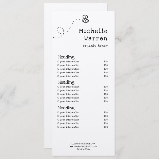 honey bee price list or services card (Front/Back)
