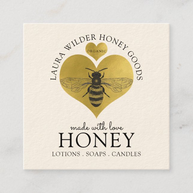 Honey Bee Products Illustrated Logo Gold Foil Square Business Card (Front)