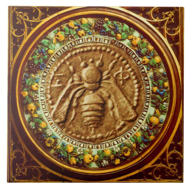 HONEY BEE / RED GREEN FLORENTINE FLORAL CROWN TILE (Front)
