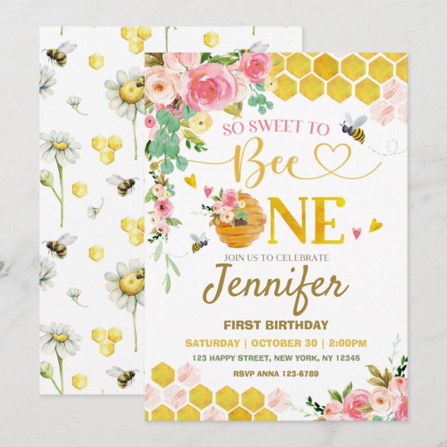 Honey Bee So Sweet to Bee One 1st Birthday Invitation (Front/Back)