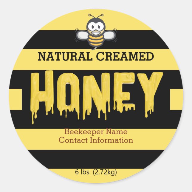 Honey Bee Stripes Black and Gold Honey Jar Classic Round Sticker (Front)