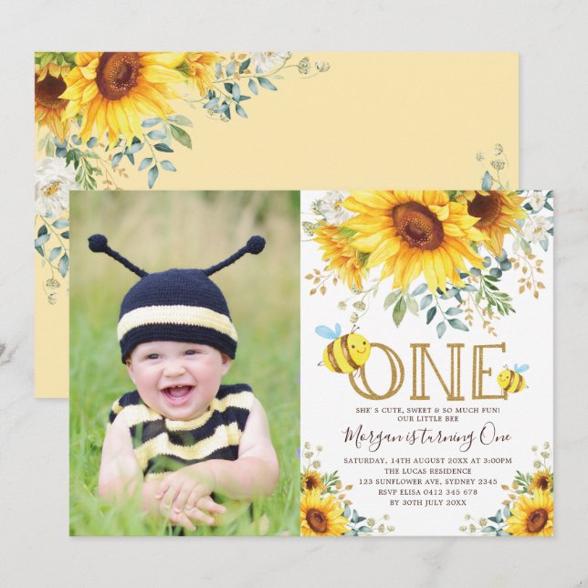 Honey Bee Sunflowers Summer Yellow Floral Birthday Invitation (Front/Back)