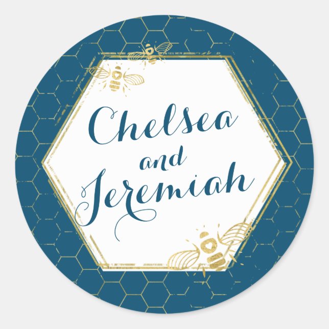 Honey Bee Teal Gold Custom Name Sticker Wedding (Front)